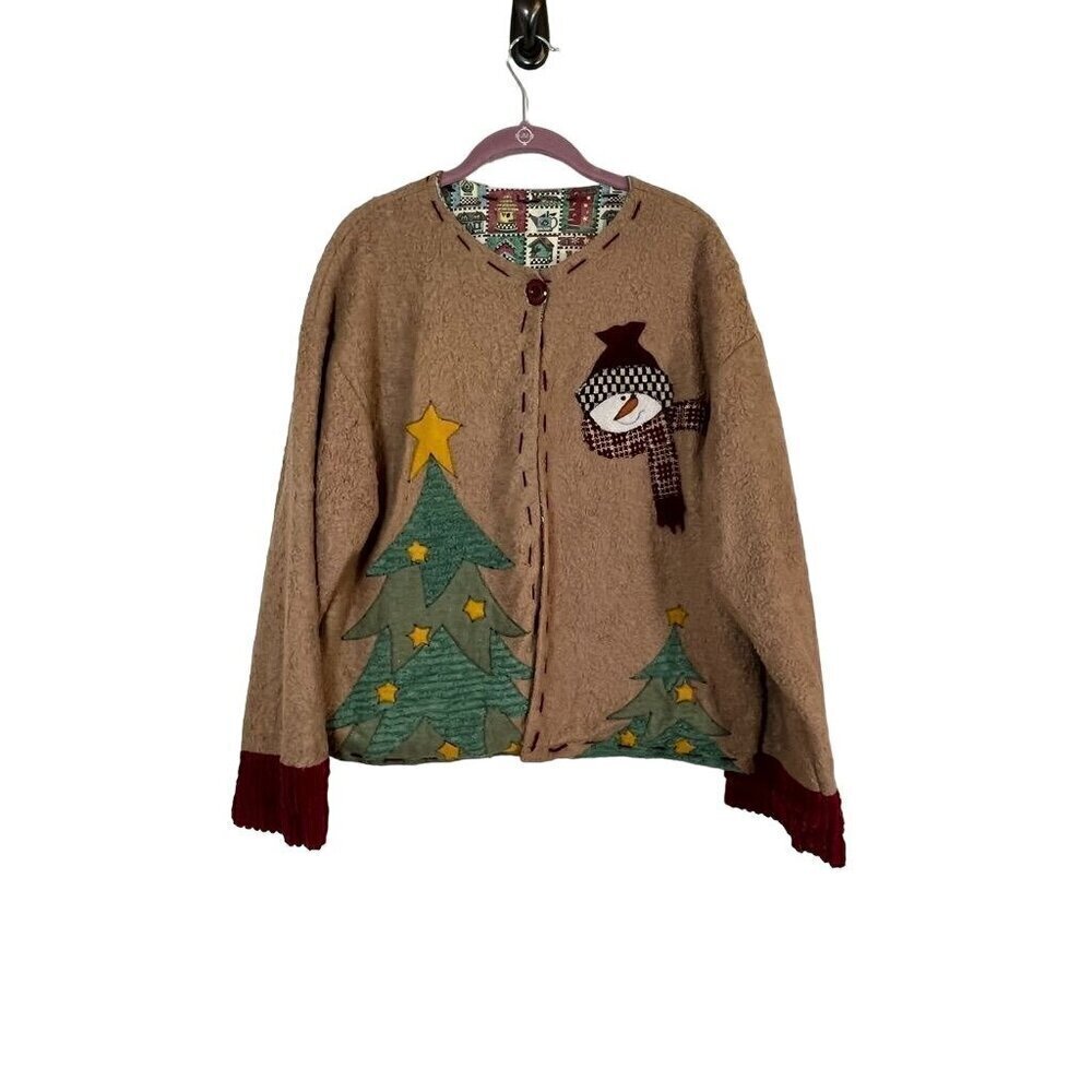 Vintage Jacket L Brown Kirklands Fleece Snowman Festive Christmas Holiday Mature